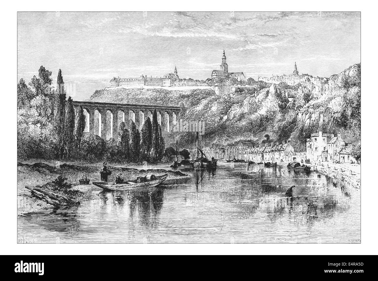 Dinan, France Illustration from 'The British isles - Cassell Petter & Galpin Part 8 Picturesque Europe. Picturesque Europe was an illustrated set of Magazines published by Cassell, Petter, Galpin & Co. of London, Paris and New York in 1877. The publications depicted tourist haunts in Europe, with text descriptions and steel and wood engravings by eminent artists of the time, such as Harry Fenn, William H J Boot, Thomas C. L. Rowbotham, Henry T. Green , Myles B. Foster, John Mogford , David H. McKewan, William L. Leitch, Edmund M. Wimperis and Joseph B. Smith. Stock Photo