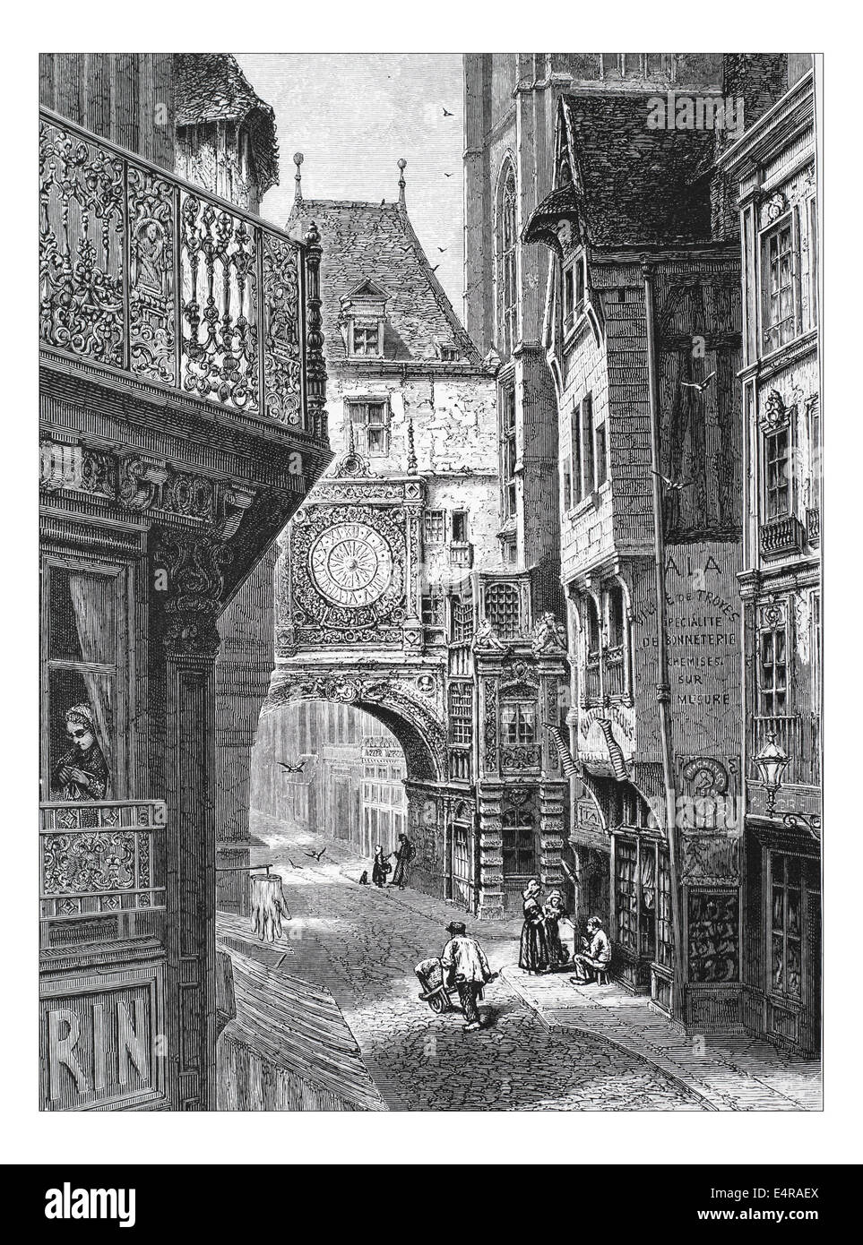 La Grosse Horloge, Rouen Illustration from 'The British isles - Cassell Petter & Galpin Part 8 Picturesque Europe. Picturesque Europe was an illustrated set of Magazines published by Cassell, Petter, Galpin & Co. of London, Paris and New York in 1877. The publications depicted tourist haunts in Europe, with text descriptions and steel and wood engravings by eminent artists of the time, such as Harry Fenn, William H J Boot, Thomas C. L. Rowbotham, Henry T. Green , Myles B. Foster, John Mogford , David H. McKewan, William L. Leitch, Edmund M. Wimperis and Joseph B. Smith. Stock Photo