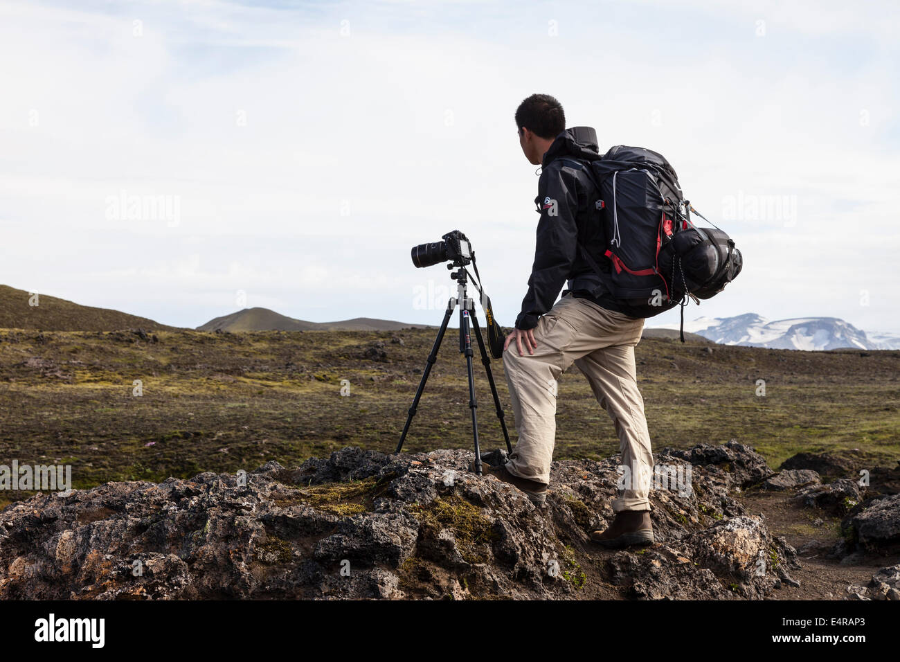 Photographer on the Laugavegur Hiking Trail in Iceland Stock Photo