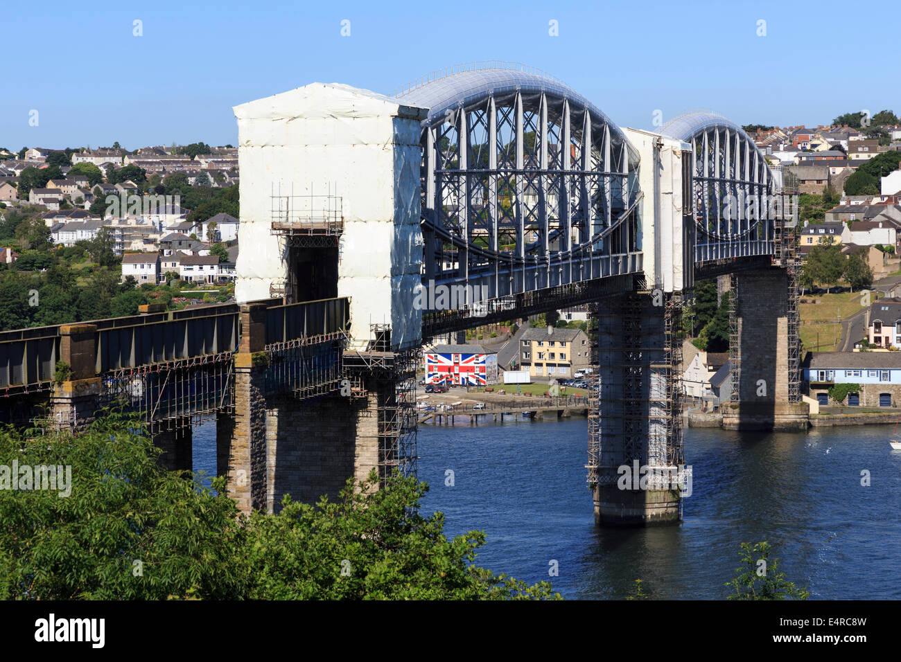 River Tamar Bridges - Royal Albert Rail Bridge and Tamar Road Bridge Cornwall England UK GB Stock Photo