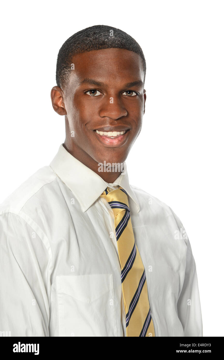 Portrait of young African American businessman smiling isolated over ...