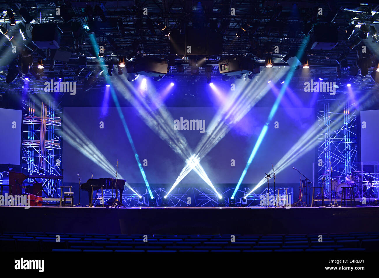 Stage lights with musical instruments ready for concert Stock Photo