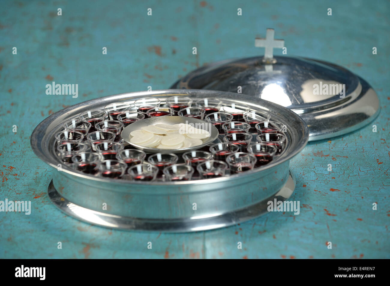 Communion tray with wafers and wine cups - Shallow depth of field on tray Stock Photo