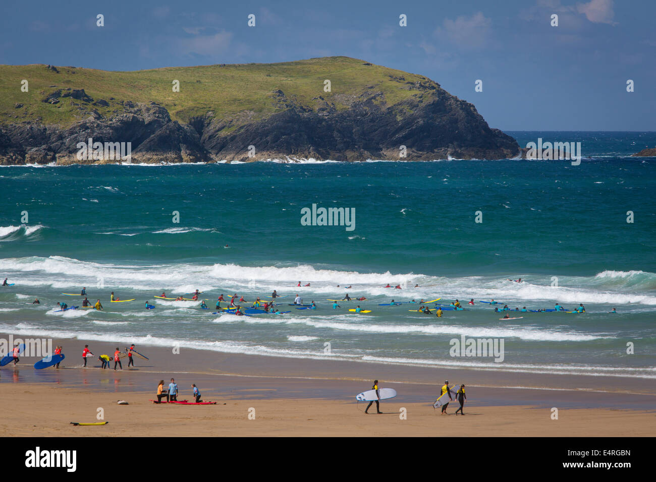 Surfing school at Fistral Beach, Newquay, Cornwall, England Stock Photo