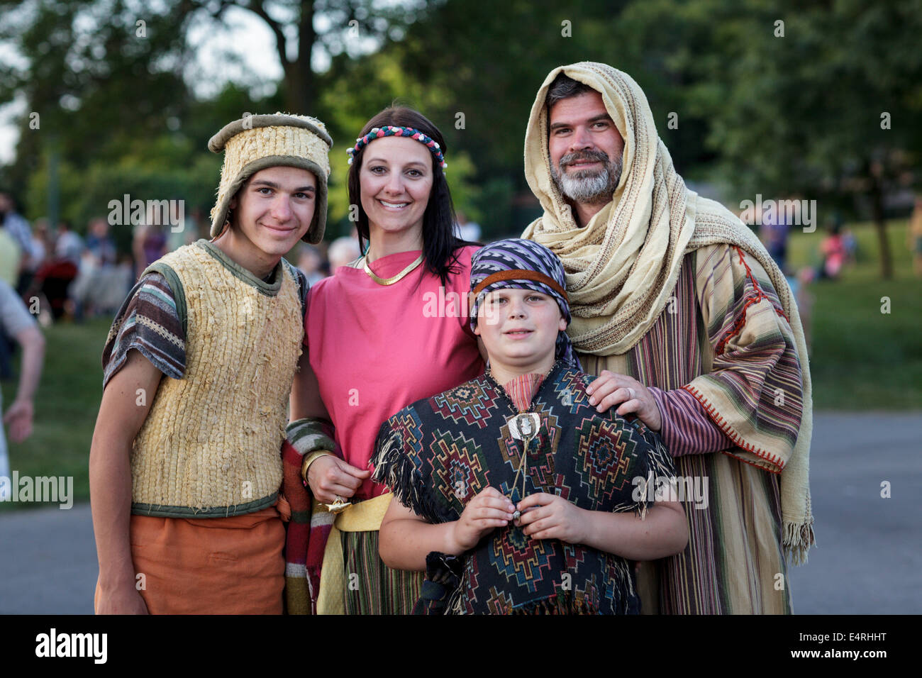 Mormons in costumes greet visitors to Hill Cumorah Pageant, Palmyra NY, which depicts Book of Mormon Stock Photo