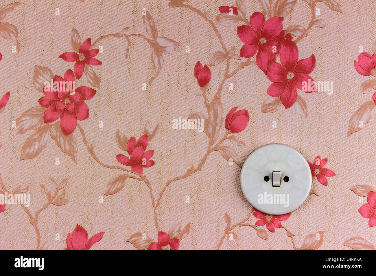 An old wallpaper with light switch. Symbolic photo for renewal and renovate., Eine alte Tapete mit Lichtschalter. Symbolfoto fue Stock Photo