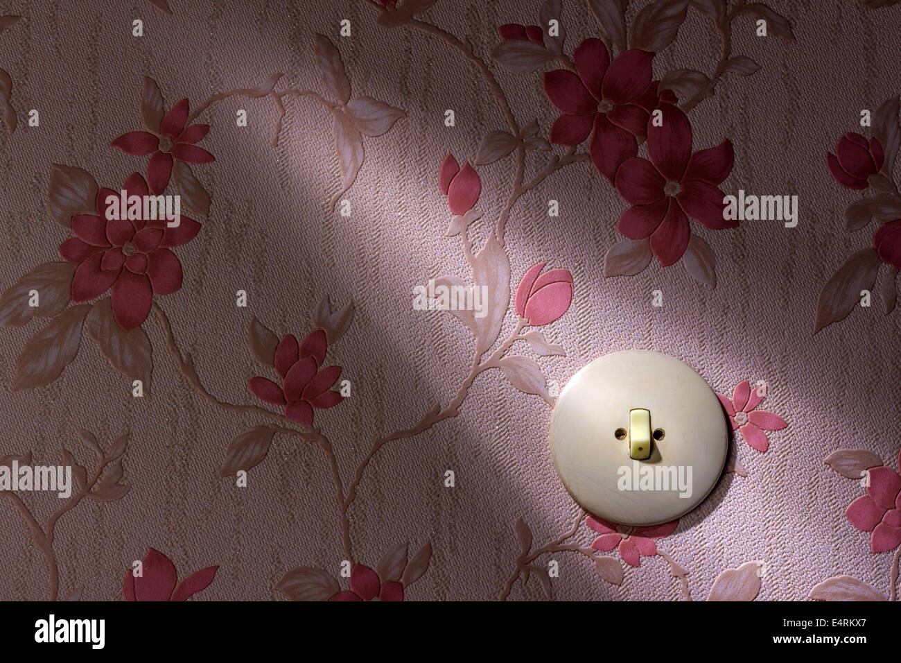 An old wallpaper with light switch. Symbolic photo for renewal and renovate., Eine alte Tapete mit Lichtschalter. Symbolfoto fue Stock Photo