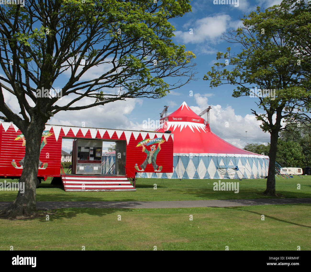The Big Kid Circus big top and ticket office on a sunny summer afternoon. Stock Photo