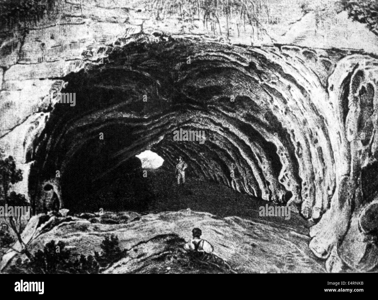 prehistory, cave, entrance of the Little Feldhof Grotto, Neandertal, Germany, wood engraving after drawing, 2nd half 19th century, Neanderthal, Neanderthal man, Stone Age, Neandertal, valley, North Rhine-Westphalia, North-Rhine, Rhine, Westphalia, Nordrhein-Westfalen, Nordrhein-Westphalen, Bergisches Land, Niederbergisches Land, Kingdom of Prussia, Rhine Province, people, prehistory, prehistoric times, cave, caves, entrance, entranceway, grotto, grot, grottoes, grottos, grots, historic, historical, Additional-Rights-Clearences-Not Available Stock Photo