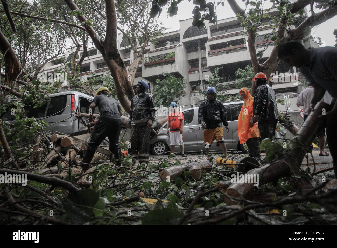Manila, Philippines. 16th July, 2014. Local resuce workers attempt to remove debris as a tree toppled down on vehicles near a private subdivision in Makati City as Typhoon Rammasun hit Metro Manila on July 16, 2014. Typhoon Rammasun (locally known as Glenda) had maximum sustained winds of 150 kph and gustiness of up to 185 kph when it hit Metro Manila. Across the country, about 400,000 people had fled their homes and sheltered in evacuation centers, according to the disaster management council. Credit:  ZUMA Press, Inc./Alamy Live News Stock Photo