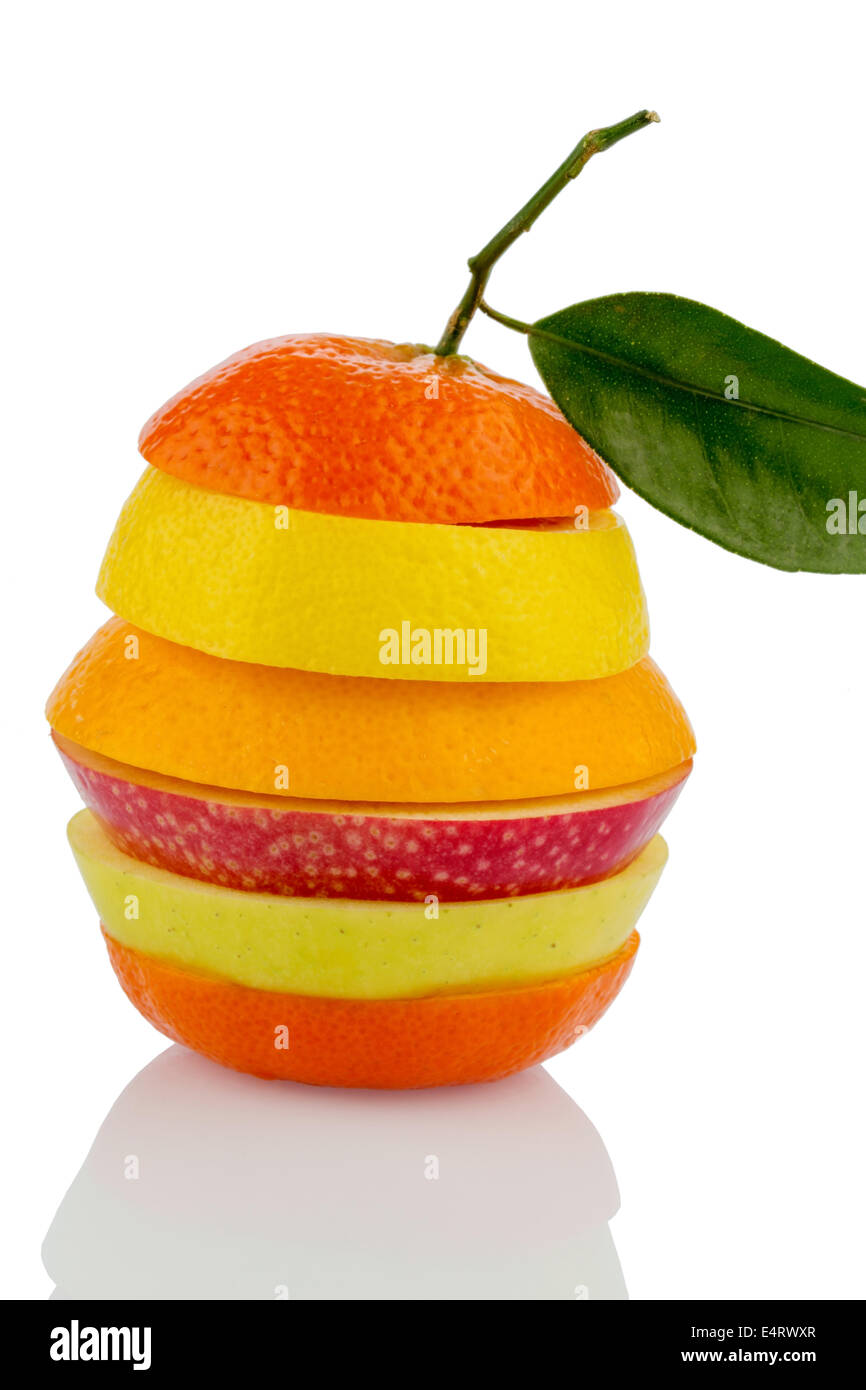 Several different discs of fresh fruits with many vitamins, Mehrere verschiedene Scheiben von frischen Fruechten mit vielen Vita Stock Photo