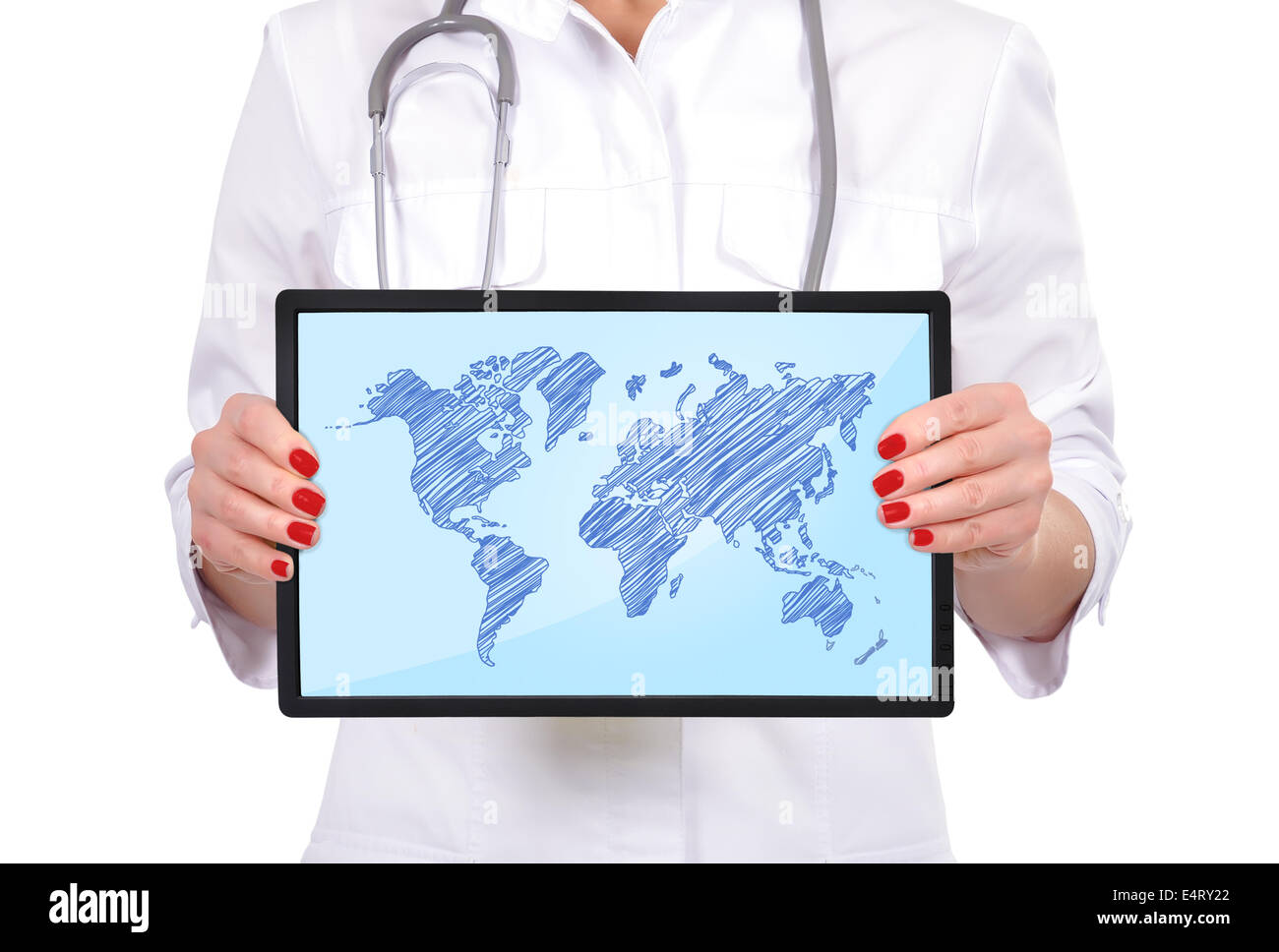 hand female doctor holding touch pad with world map Stock Photo