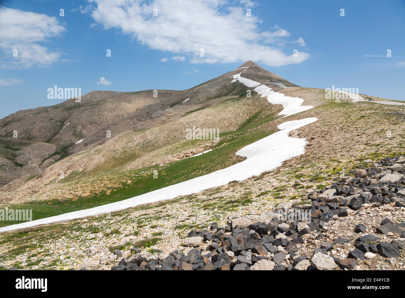 view towards summit of Nemrut or Nemrud Dagh, Anatolia, Turkey Stock Photo