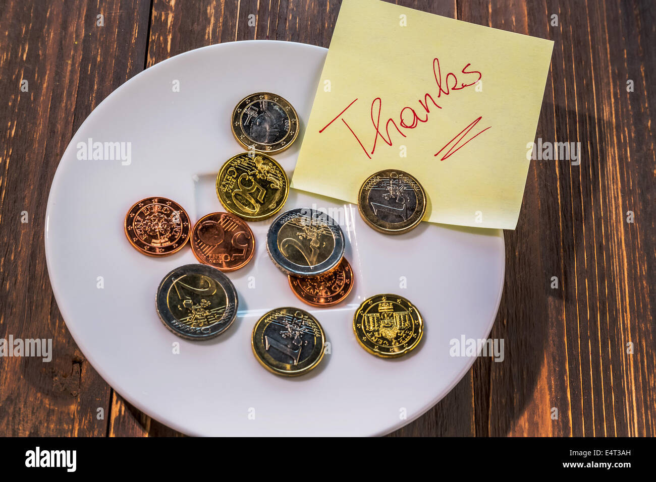 Plate with coins - tip, Teller mit Muenzen - Trinkgeld Stock Photo