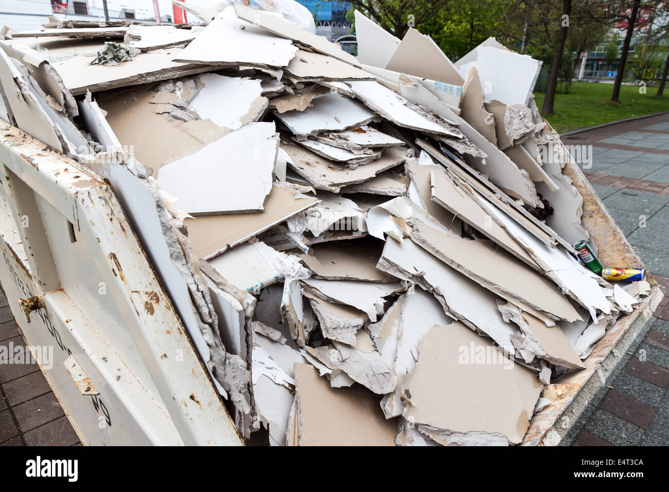 In a waste container records from gypsum cardboard camp down to her disposal, In einem Abfallcontainer lagern Platten aus Gipska Stock Photo