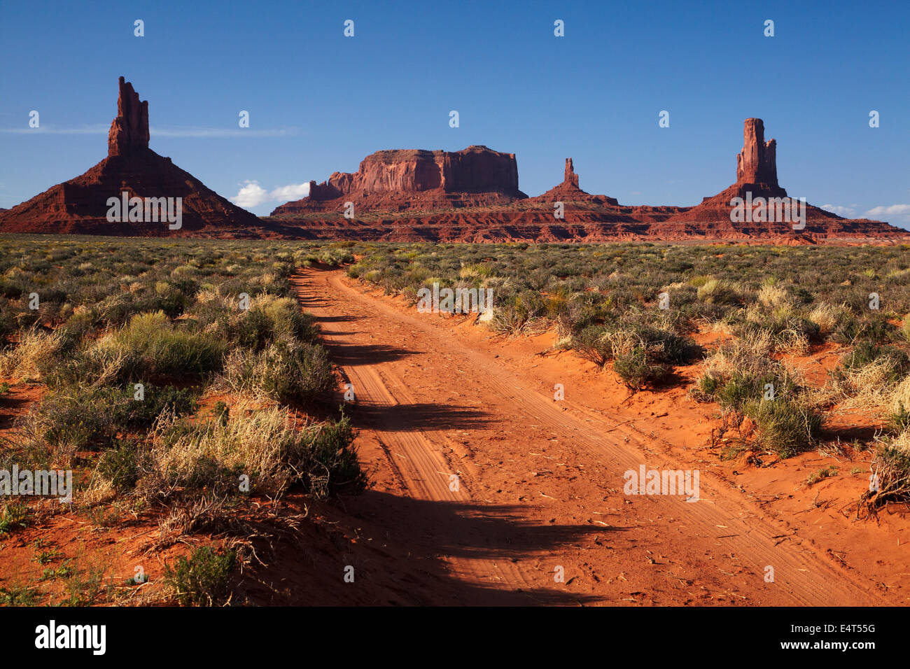 Big Indian, Brigham’s Tomb, King on his throne, and The Castle rock formations, and sandy track, Monument Valley, Navajo Nation, Stock Photo