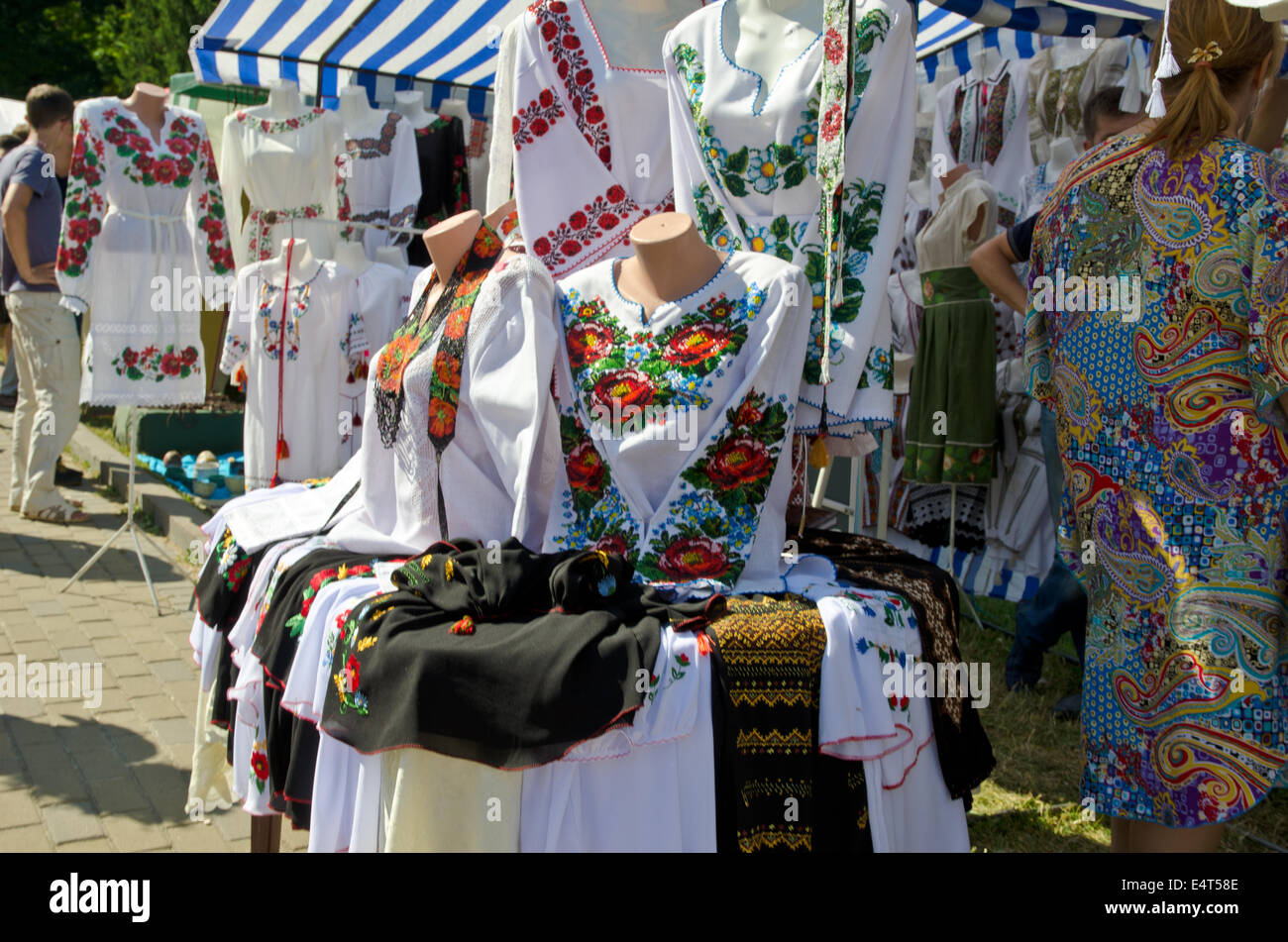 Embroidered blouses at the Ukrainian folk funfair Stock Photo