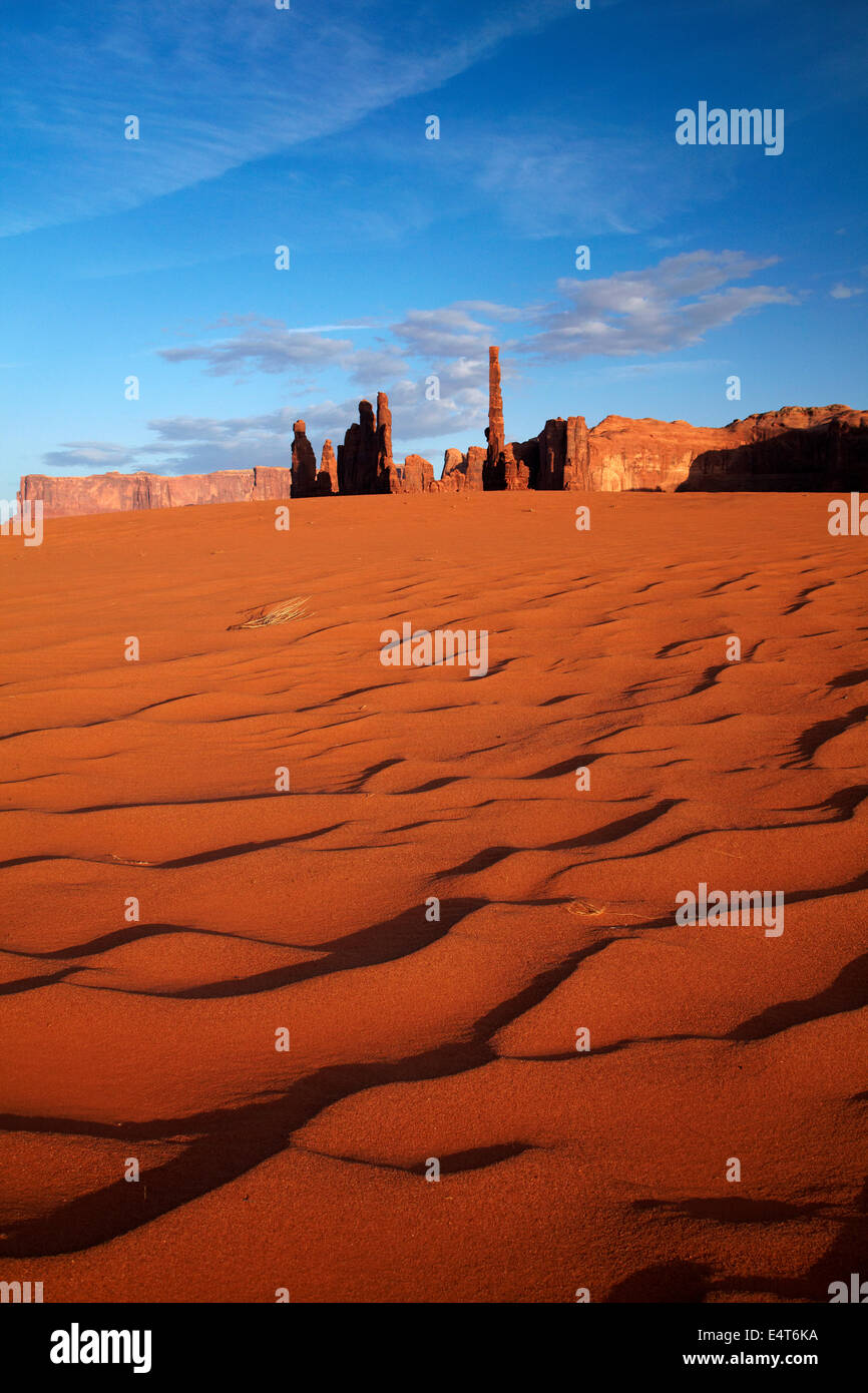 Yei Bi Chei and Totem Pole rock columns, and sand dune, Monument Valley, Navajo Nation, Arizona , near Utah border, USA Stock Photo