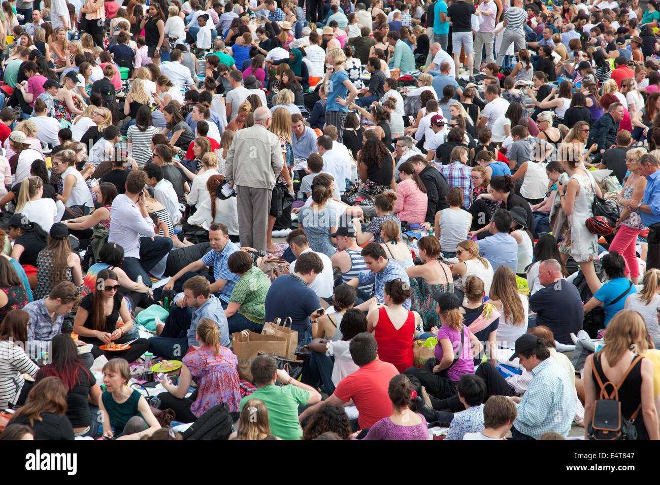15/07/2014 London, UK - Crowds at BP Summer Screens, live screening of La Boheme from the Royal Opera House Trafalgar Square Stock Photo