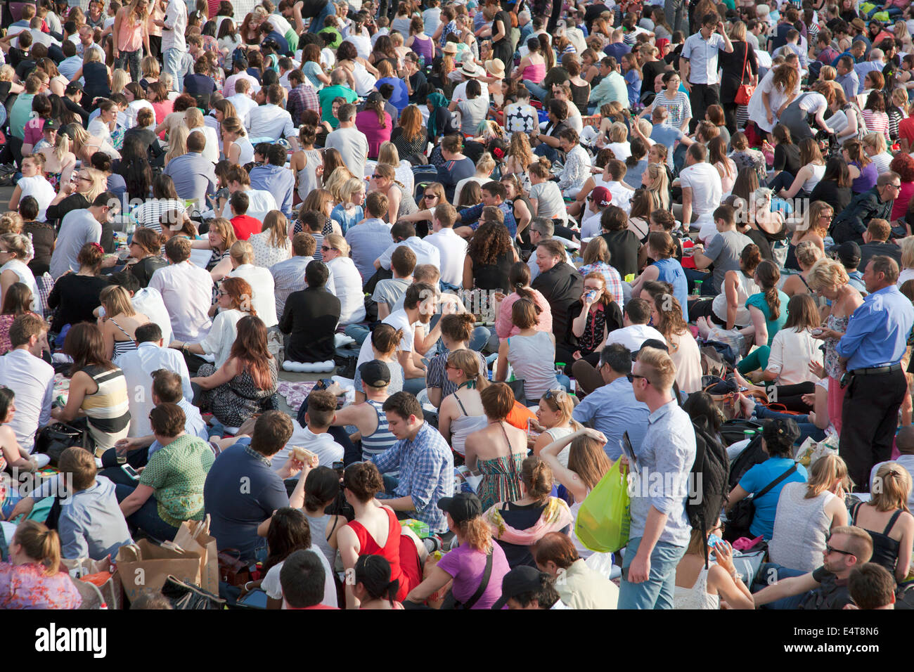 15/07/2014 London, UK -  Crowds at BP Summer Screens, live screening of La Boheme from the Royal Opera House Trafalgar Square Stock Photo