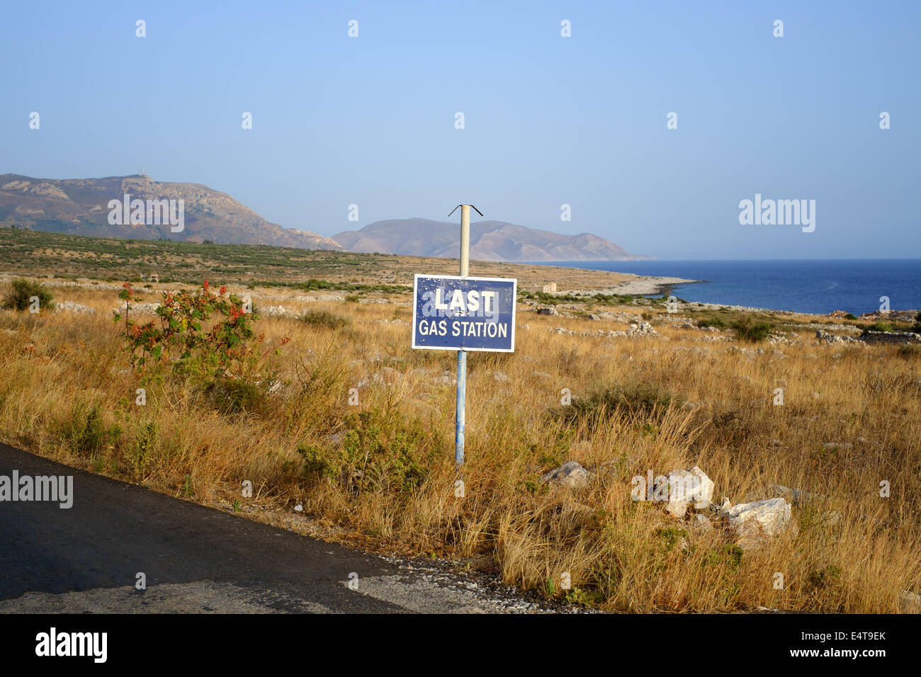 MANI PENINSULA, PELOPONNESE, GREECE, 8th July 2014. Last Gas Station - road sign in the southerly and remote Deep Mani. Stock Photo
