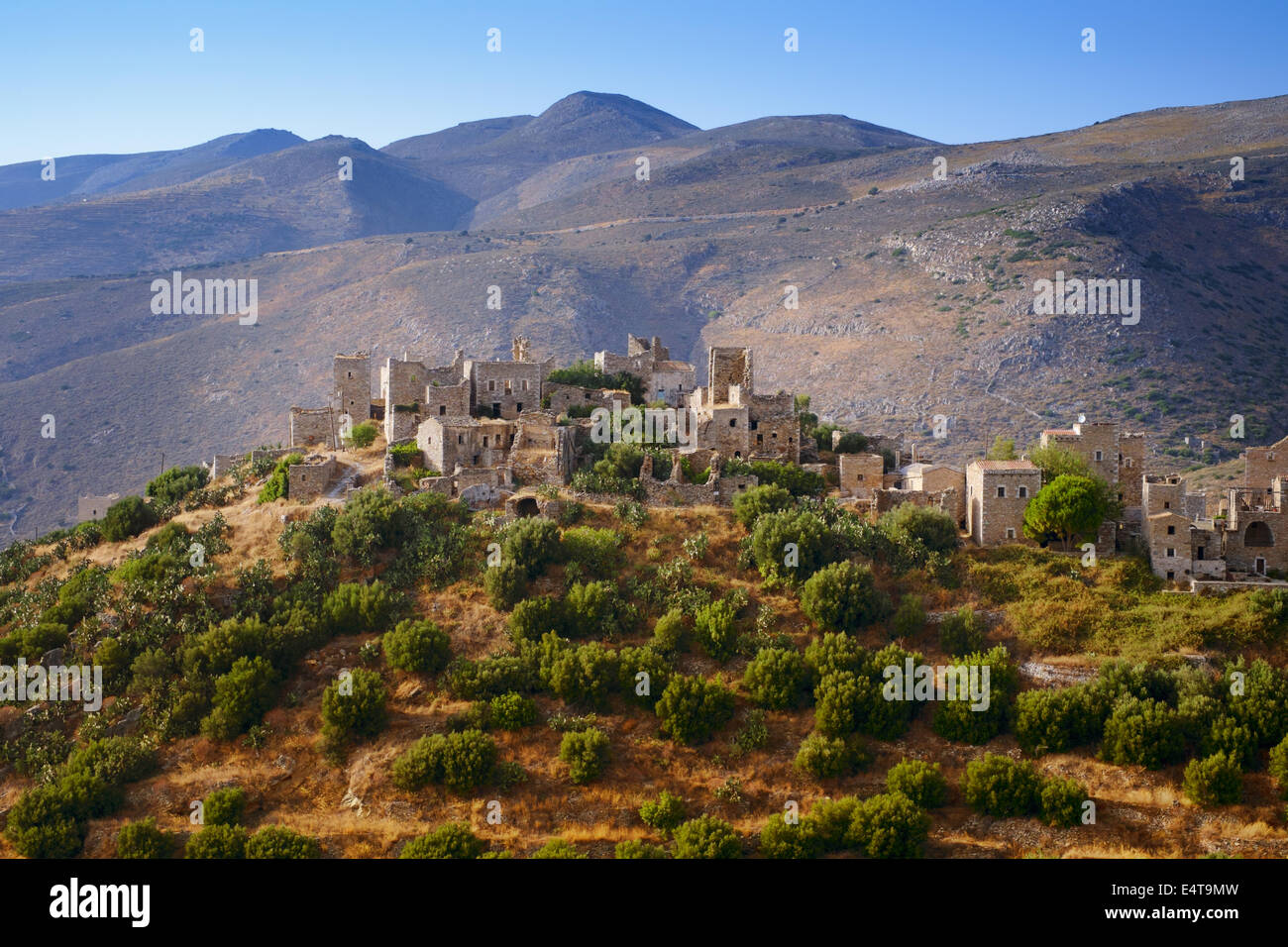 VATHEIA (VATHIA), GREECE, 8th July 2014. Hilltop tower houses in this partially abandoned village on the Mani Peninsula Stock Photo