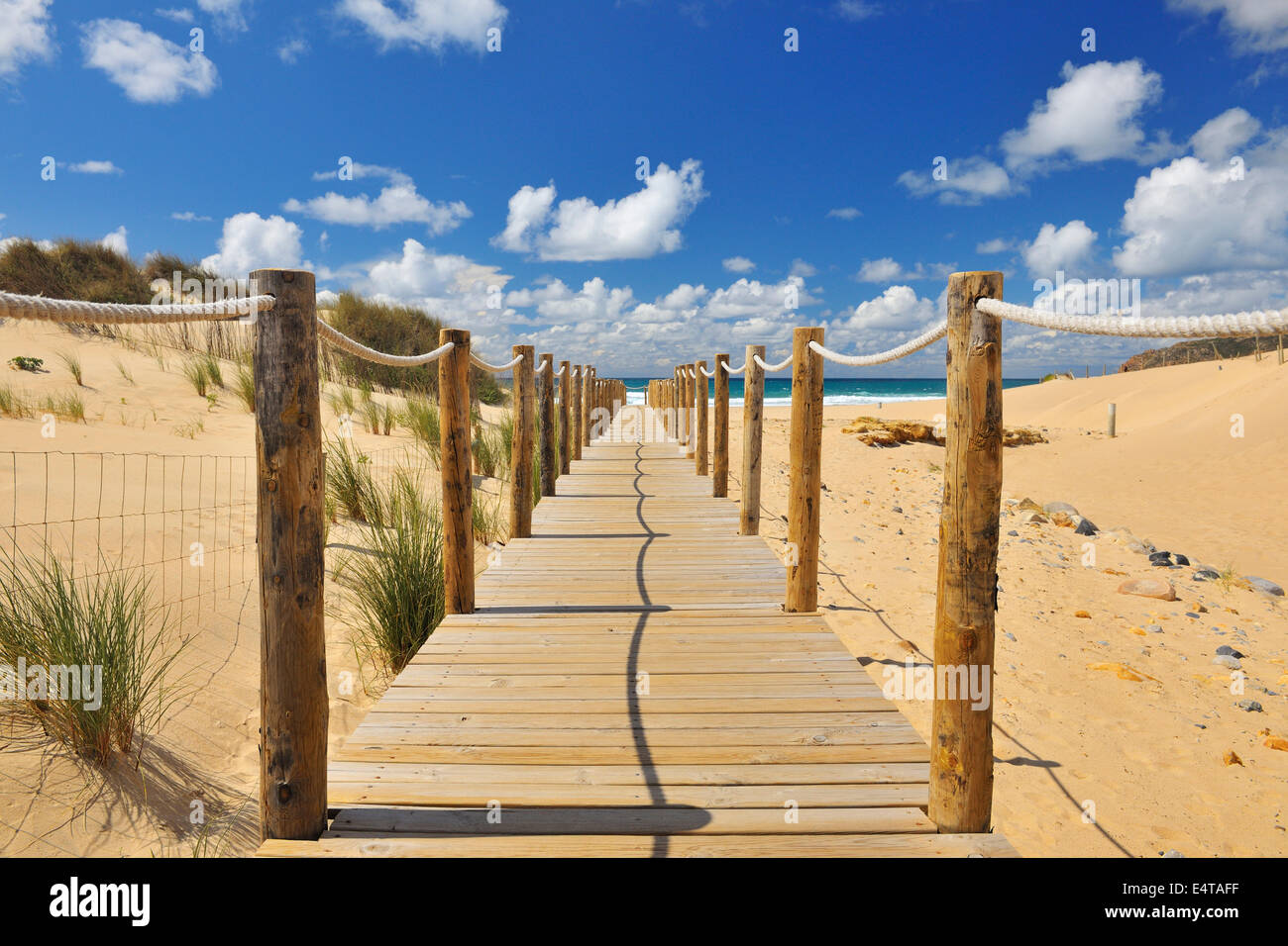 Wooden Walkway through Sand Dunes leading to Beach, Cascais, Lisboa, Portugal Stock Photo