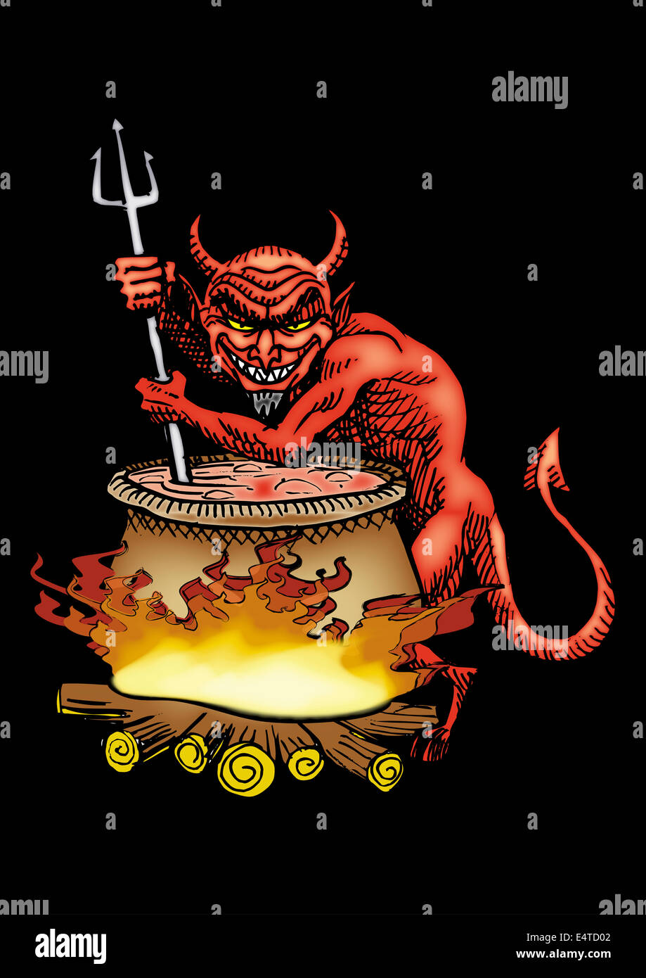 Red devil mixing big boiling pot Stock Photo - Alamy