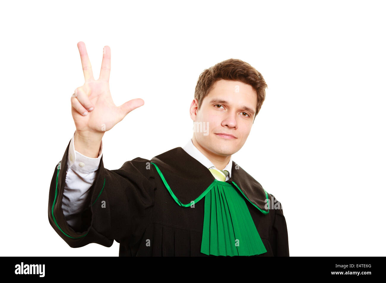 Law court and justice. Man lawyer attorney in polish (Poland) black green gown counting on fingers three isolated on white. Stock Photo