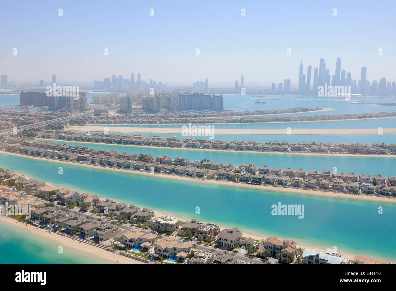 Aerial View of Palm Jumeirah with Skyscrapers in the background, Palm Islands, Dubai, United Arab Emirates Stock Photo
