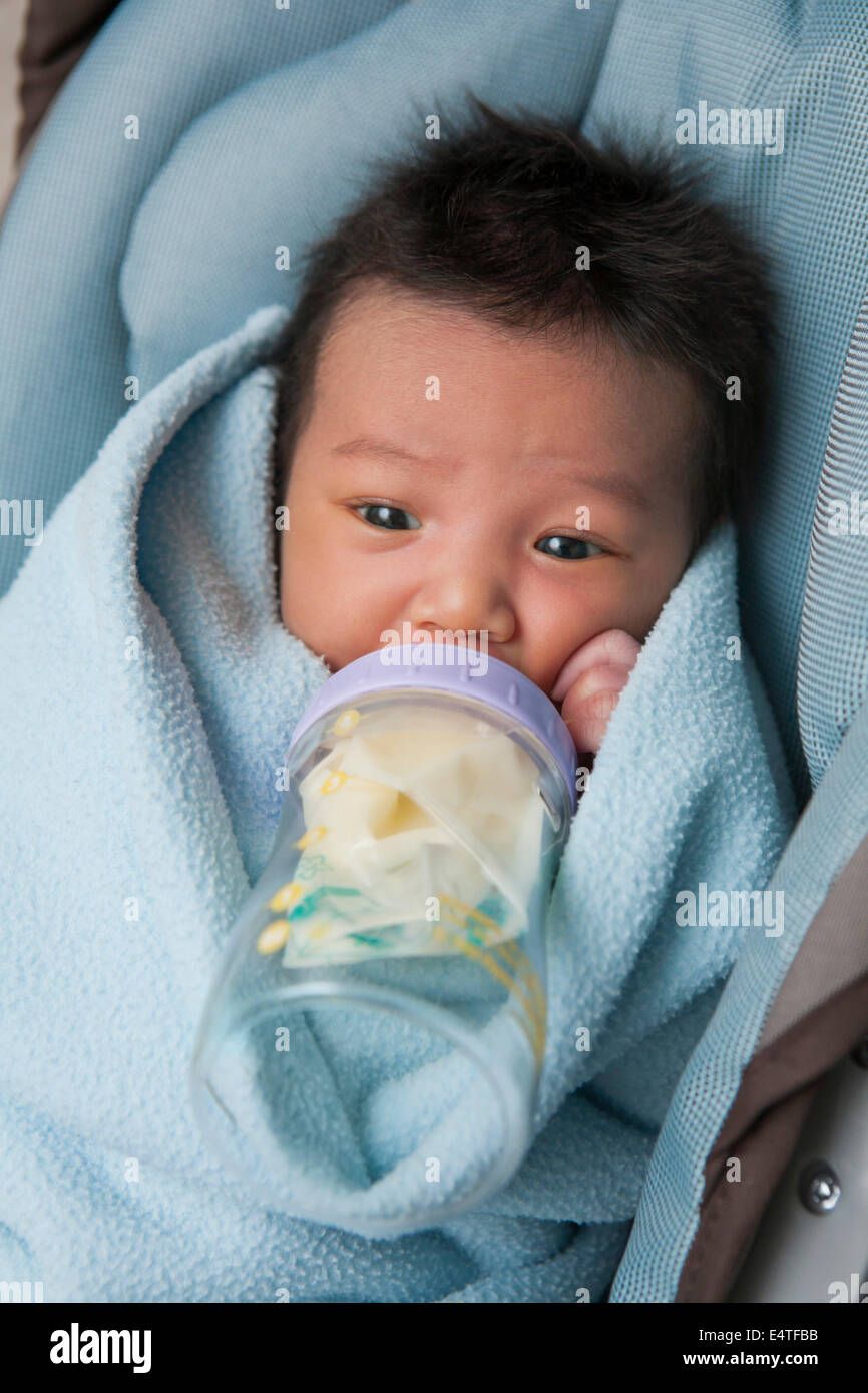 Closeup of swaddled two week old, newborn Asian baby girl, lying in