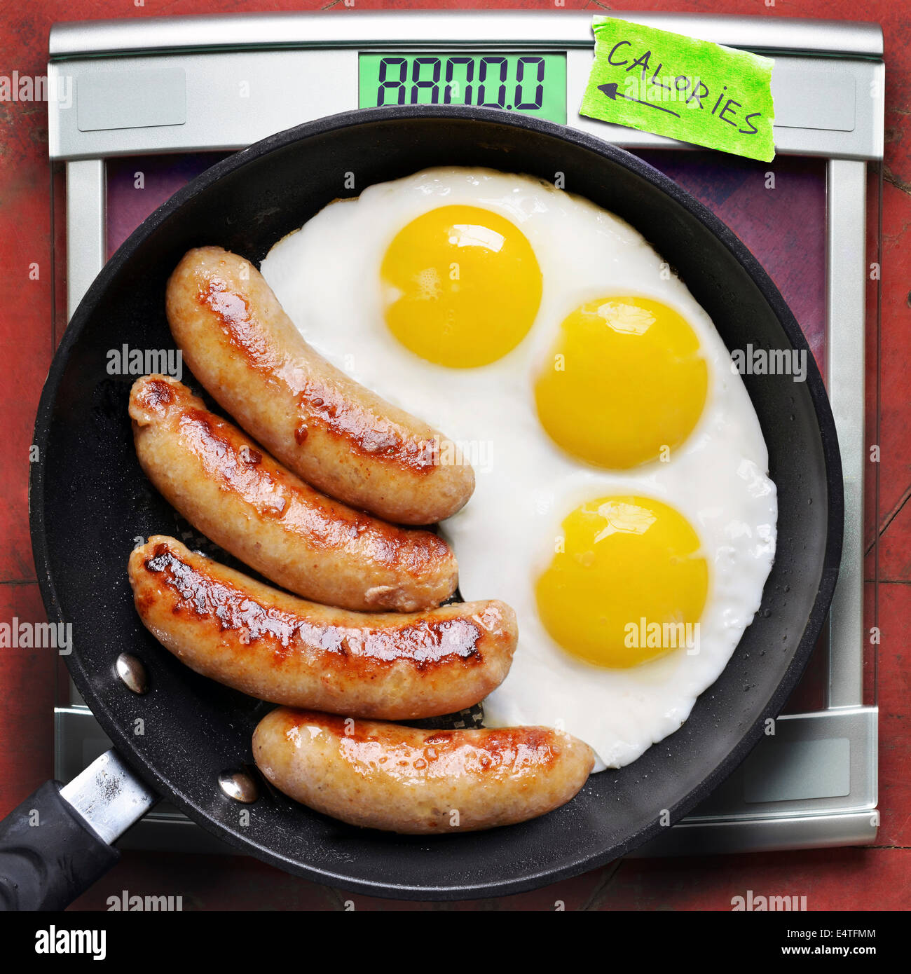 Overhead View of Greasy Fried Eggs and Sausage in Frying Pan with Scale Stock Photo Alamy