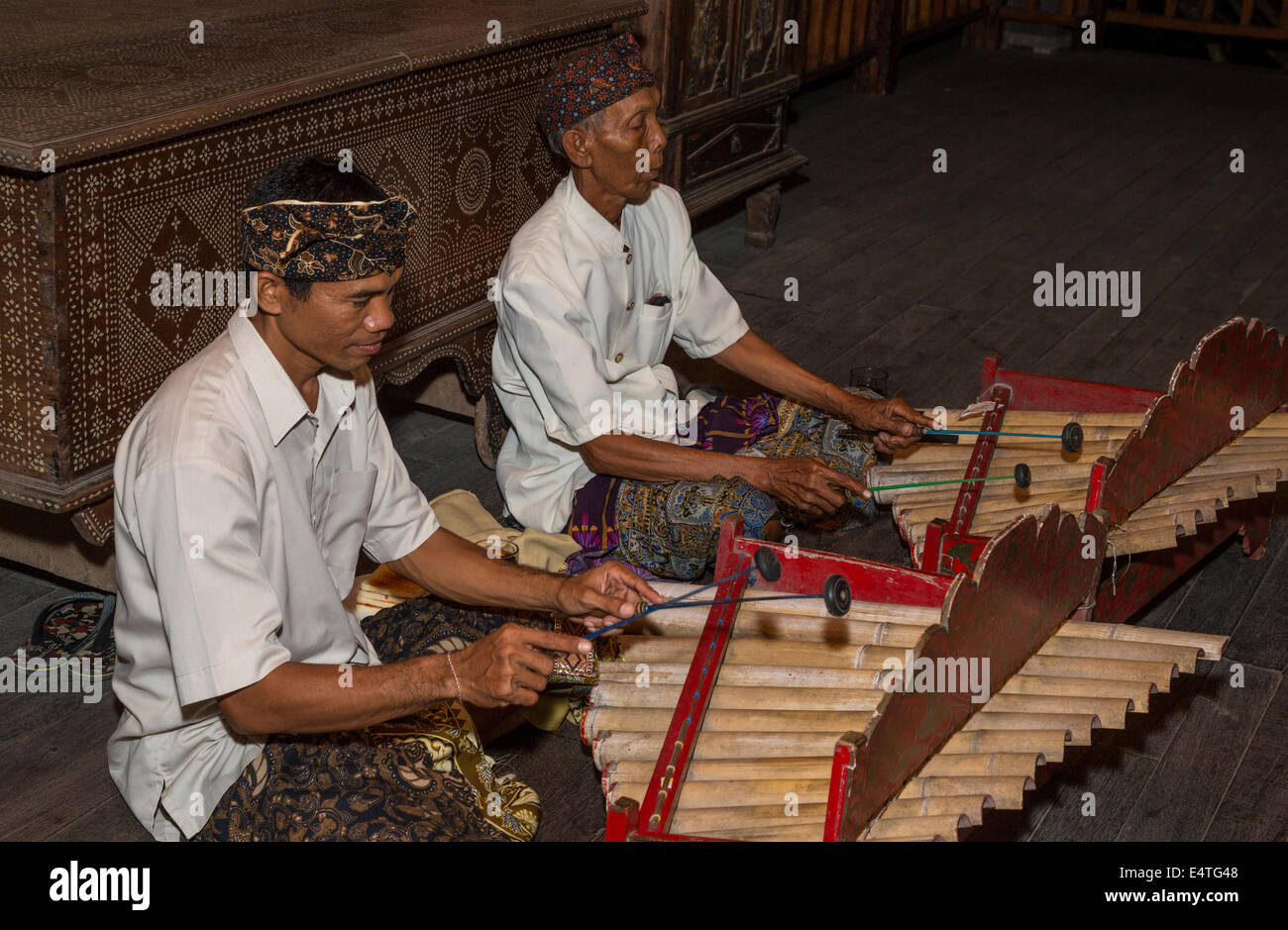 Jimbaran, Bali, Indonesia. Two Men Playing Balinese Bamboo Xylophones