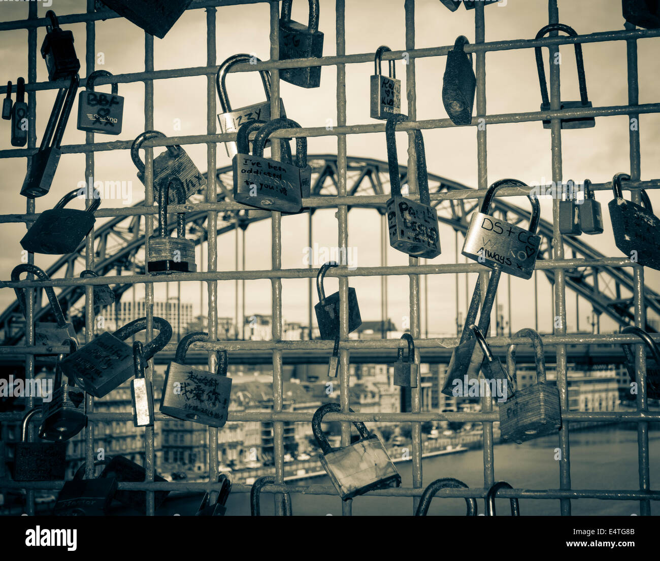 Love padlocks on The High Level Bridge with The Tyne Bridge in distance