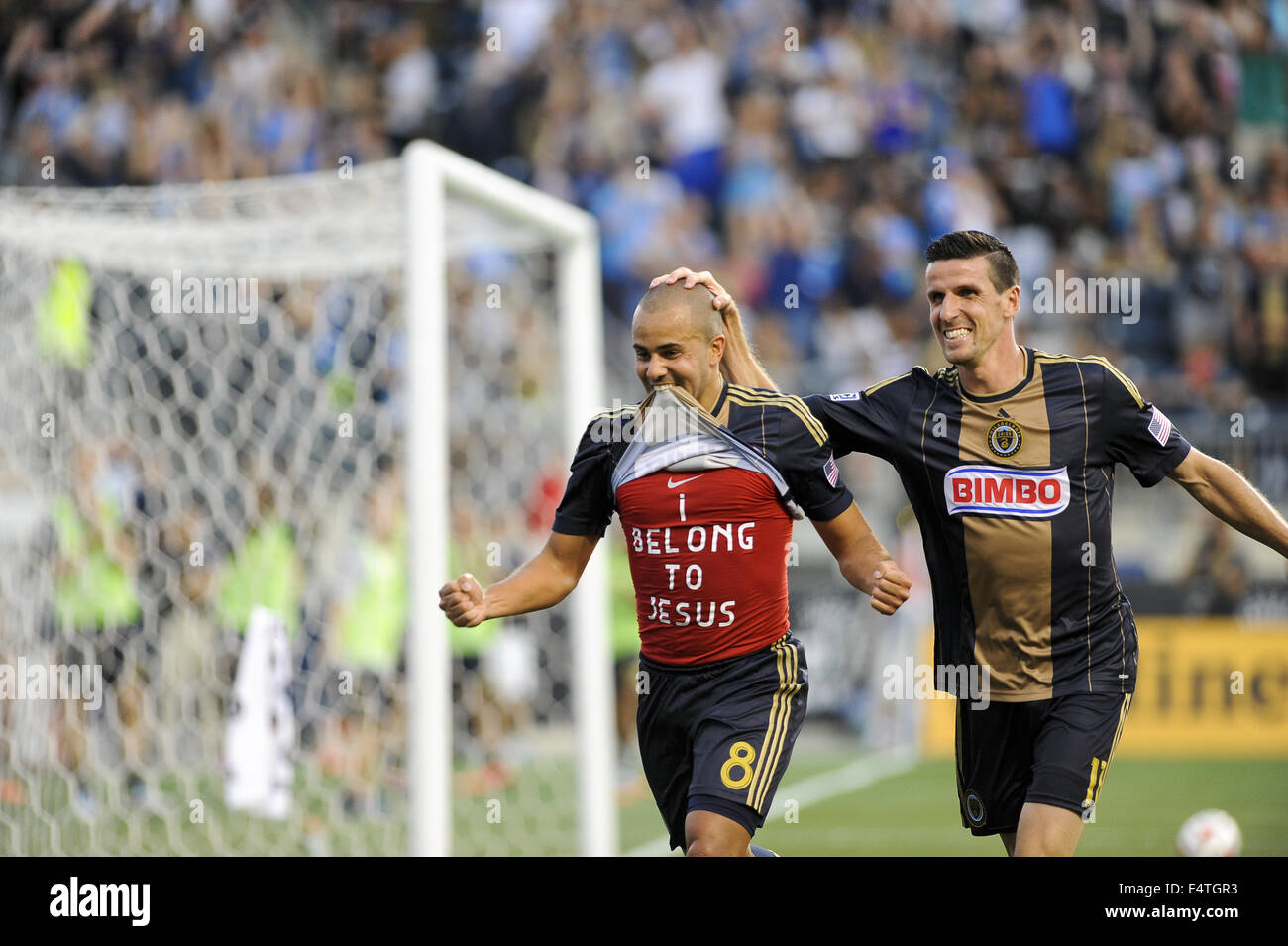 Chester, Pennsylvania, USA. 16th July, 2014. Philadelphia Union player,  FRED DA SILVA (8) celebrates after scoring a goal against the New York Red  Bulls The Philadelphia Union won the match 3-1 at