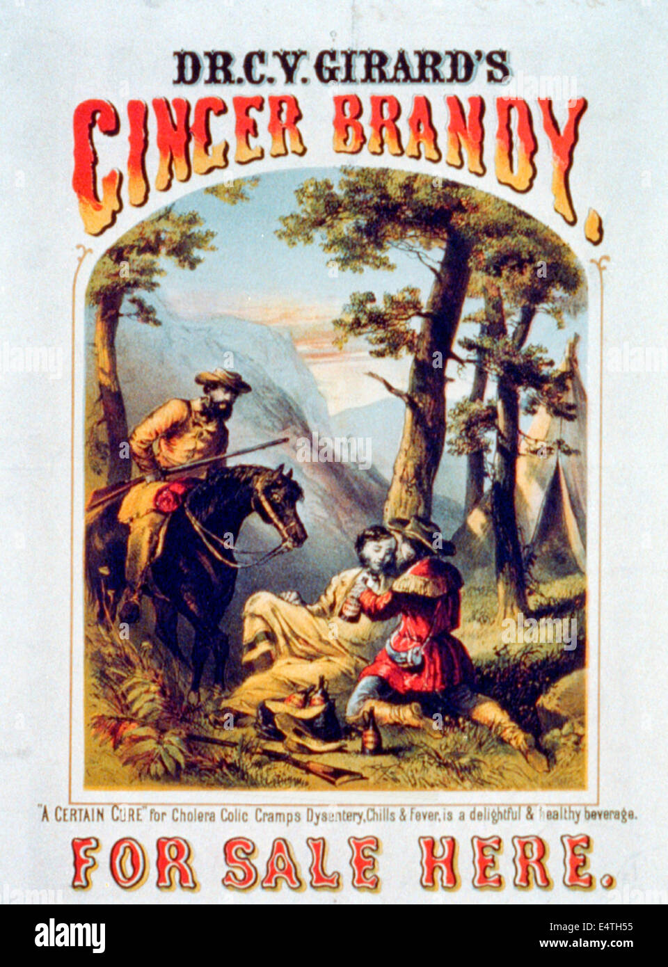 Dr. C.Y. Girard's ginger brandy, for sale here - two frontiersmen giving some of ginger brandy to a sick man leaning against a tree. Advertisement circa 1860 Stock Photo