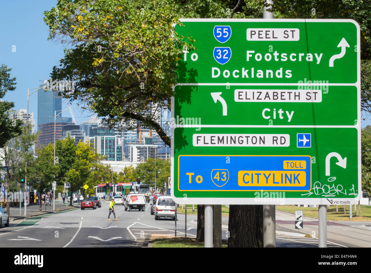Melbourne Australia,traffic sign,road,Peel,Elizabeth Street,directions,arrows,AU140319012 Stock Photo