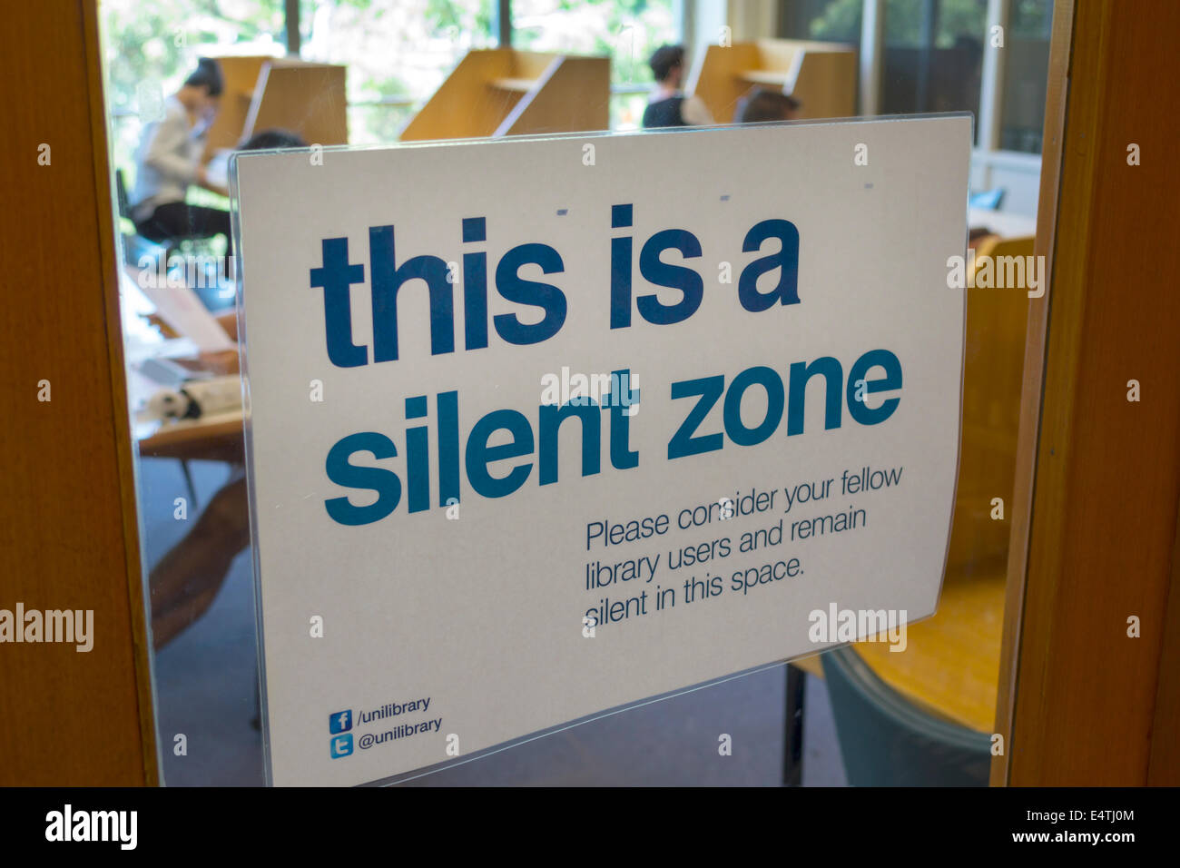 Melbourne Australia,Carlton,Parkville,University of Melbourne,campus,school,Baillieu Library,sign,notice,silent zone,quiet,AU140319044 Stock Photo