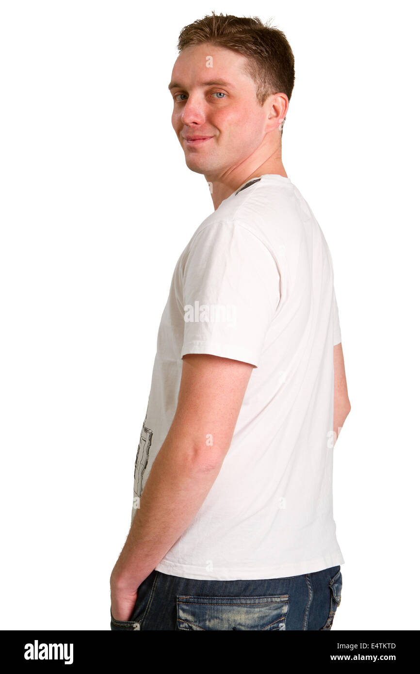white T-shirt on a young man, isolated on white background Stock Photo