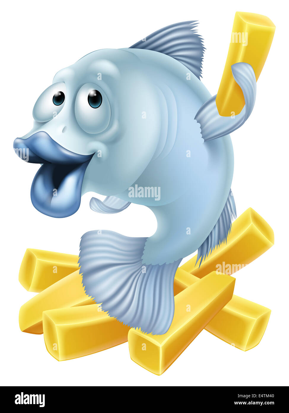 Cartoon fish and chips illustration of a fish character and chunky