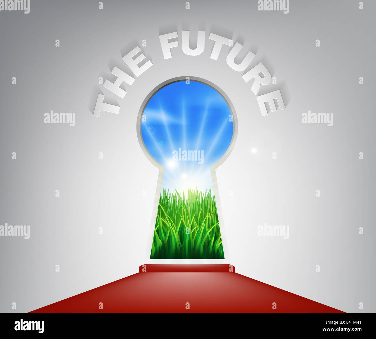 A conceptual illustration of keyhole entrance to the future opening onto a field of lush green grass. Concept for a new life or Stock Photo