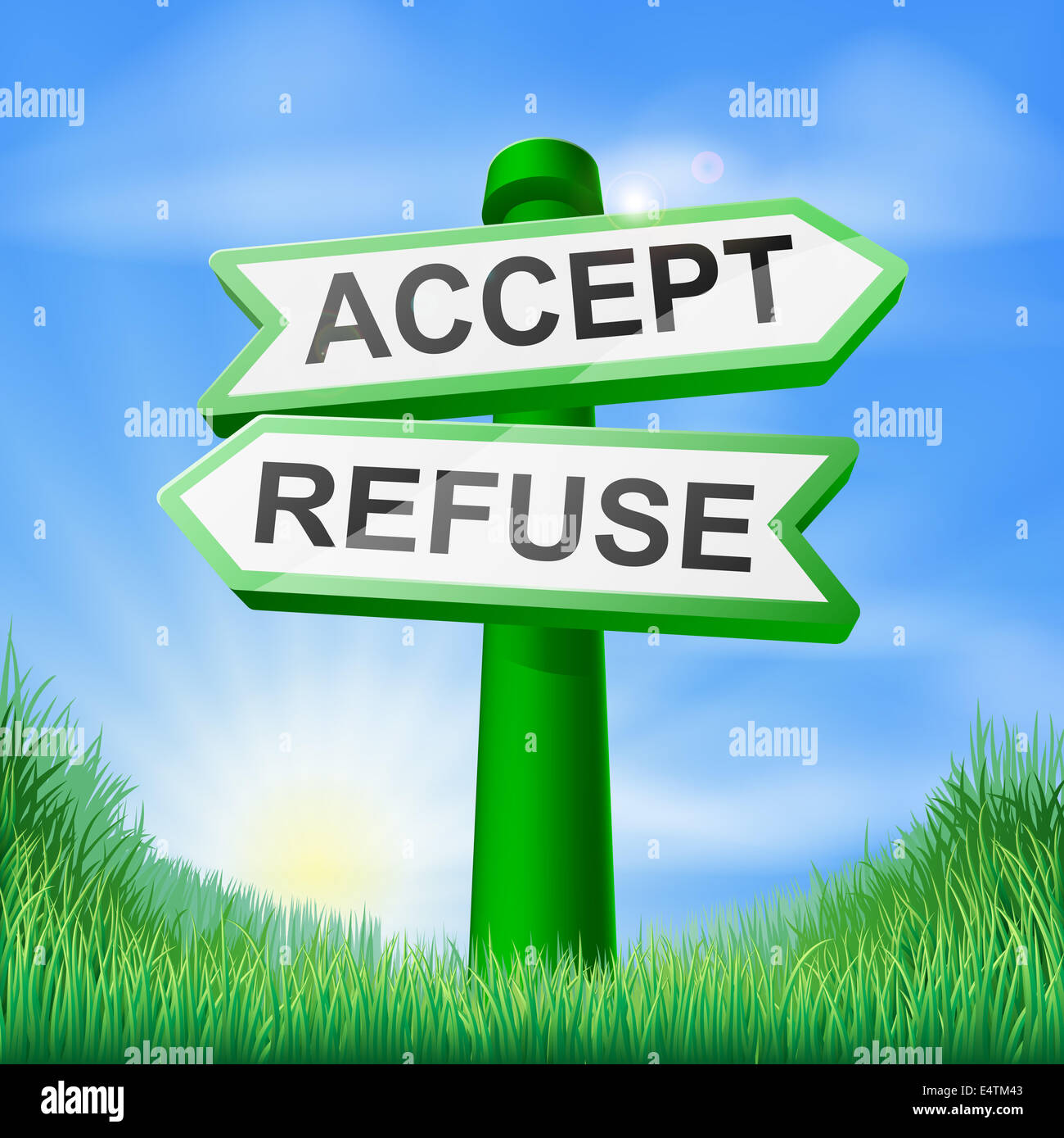 Accept or refuse sign in a sunny green field of lush grass Stock Photo