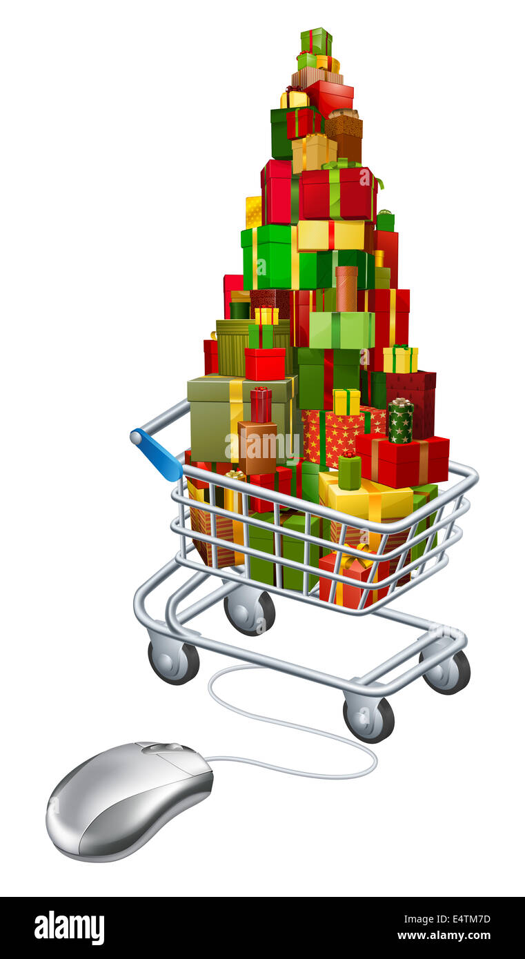 Online Christmas gift shopping, a computer mouse wired to a shopping cart full of presents Stock Photo