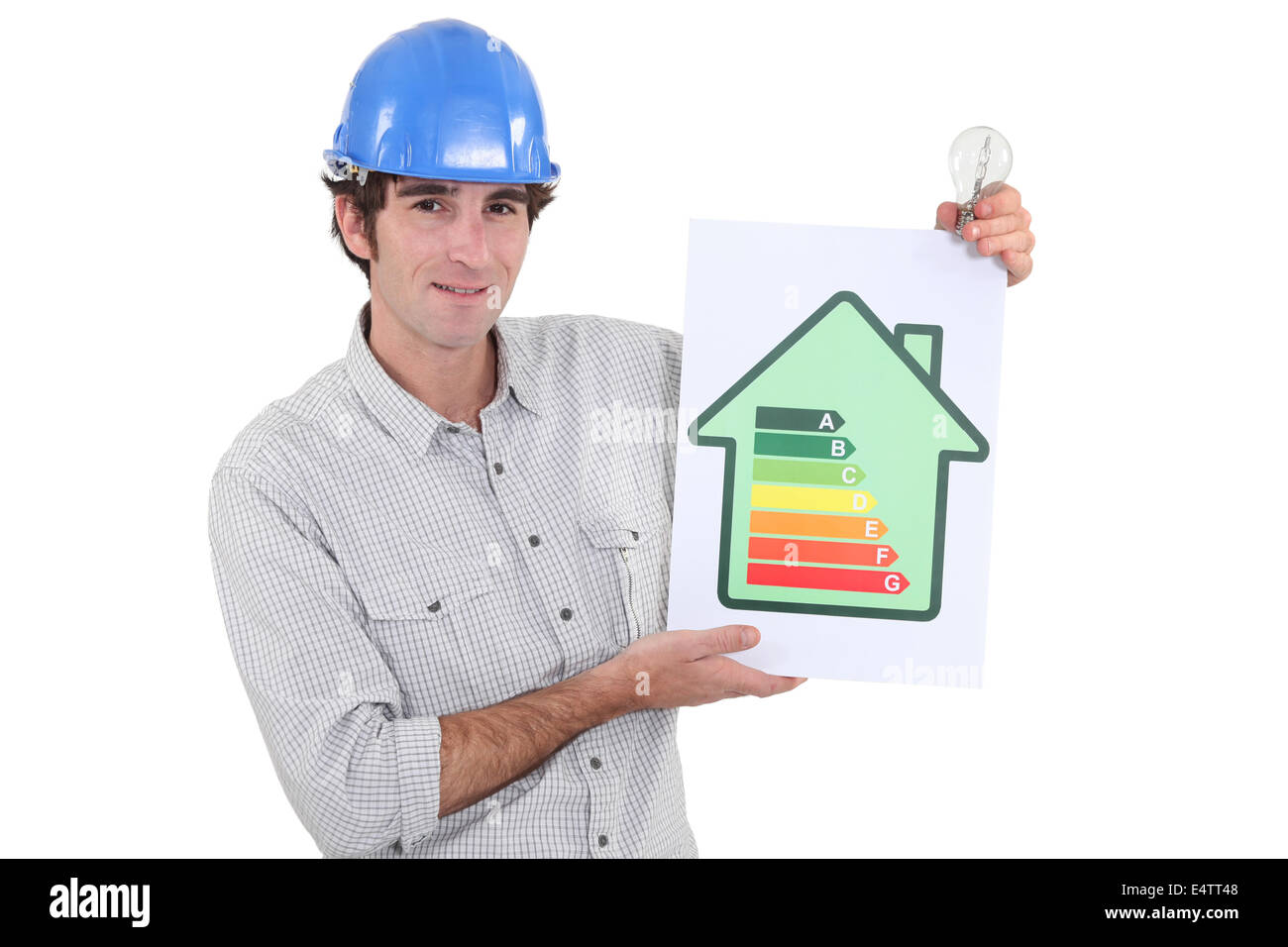 Constructor holding energy rating sign Stock Photo