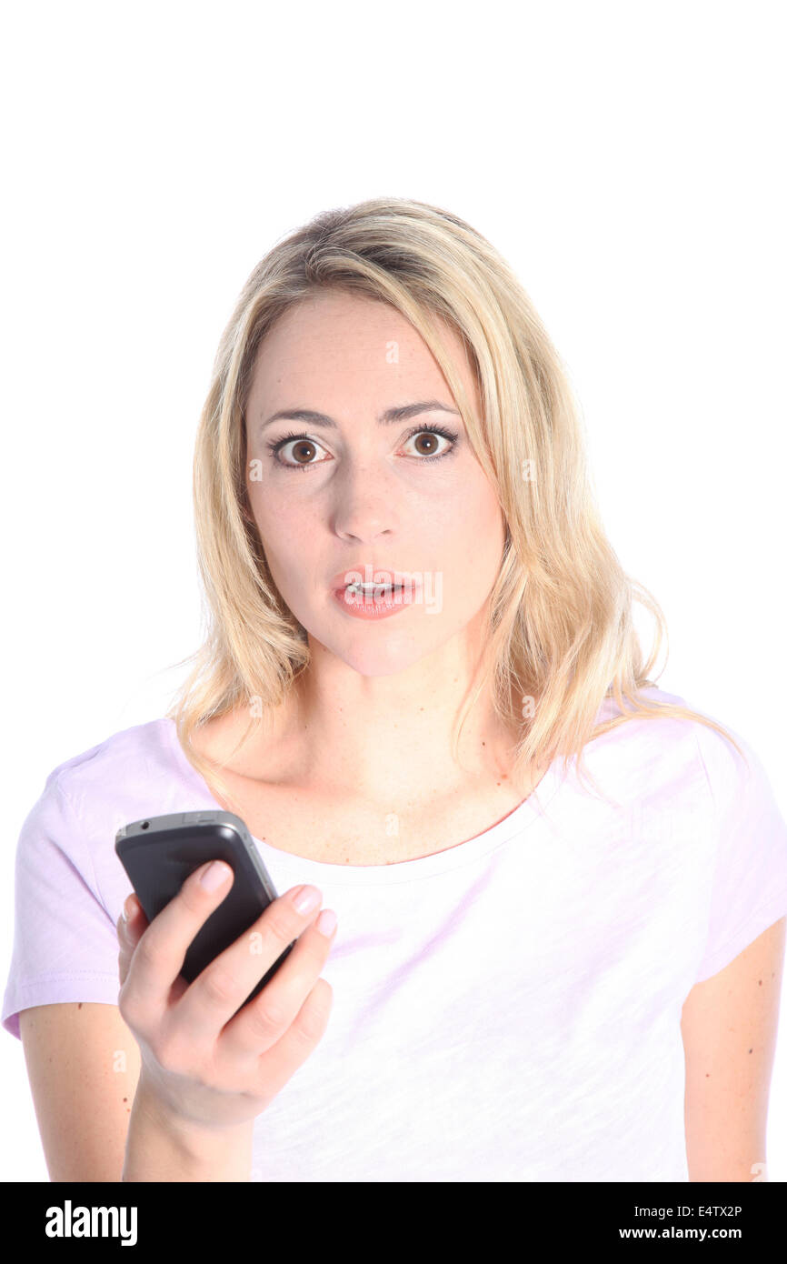 Dismayed woman reading a text message Stock Photo