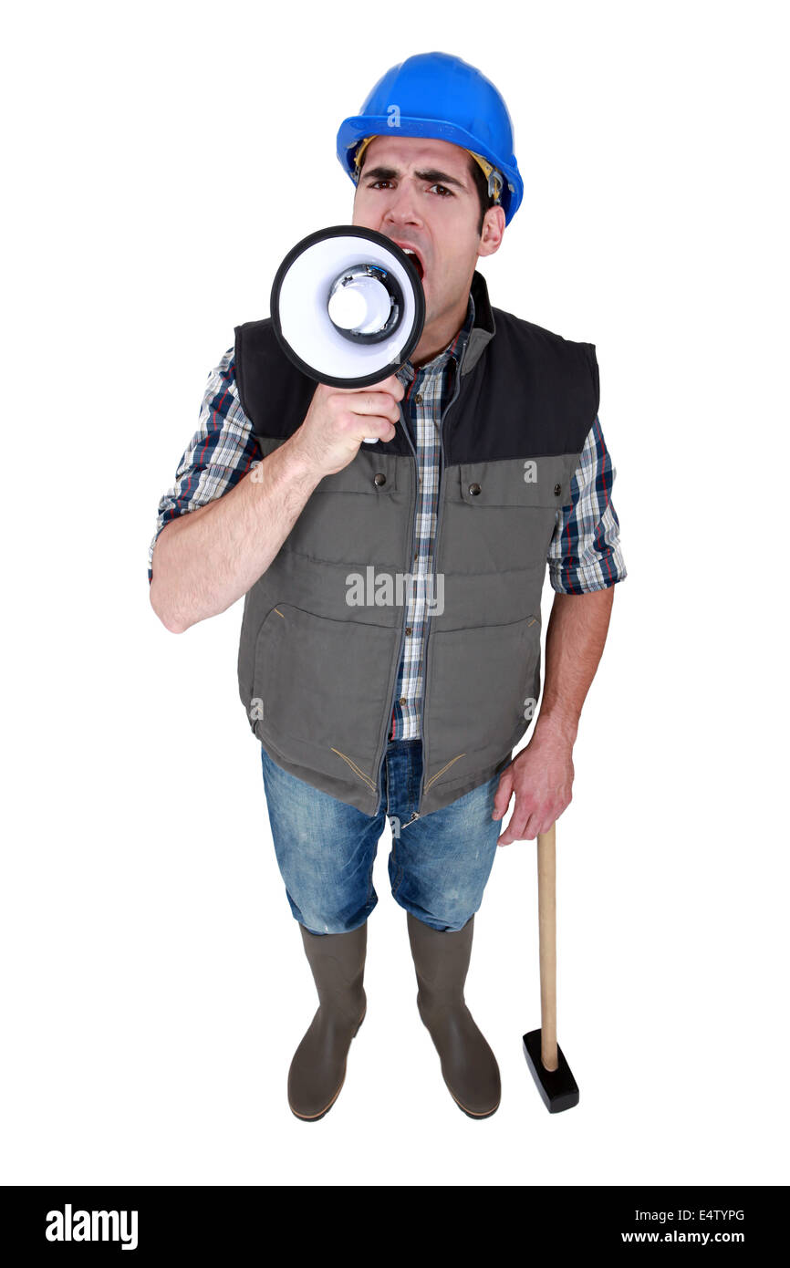 Horizontal Image of worker with megaphone Stock Photo