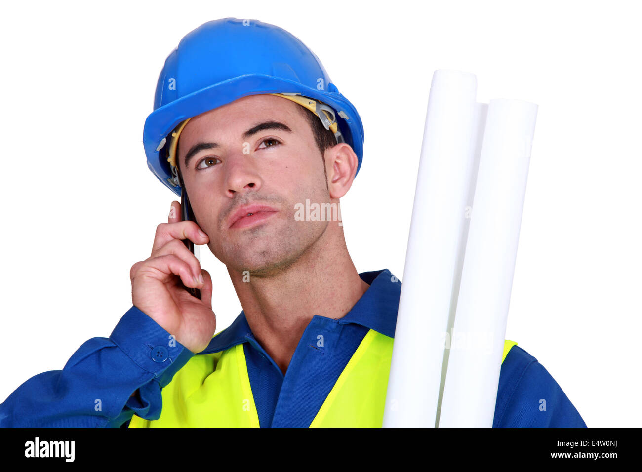 young blue collar on the phone Stock Photo