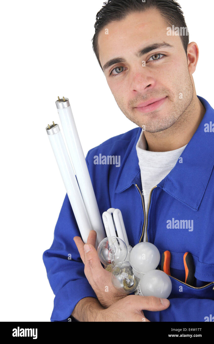 Tradesman holding lights Stock Photo