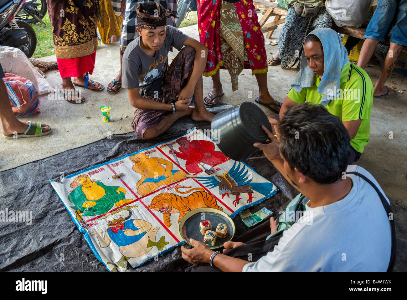 Bali, Indonesia. Gambling with Dice.  Dlod Blungbang Village. Stock Photo