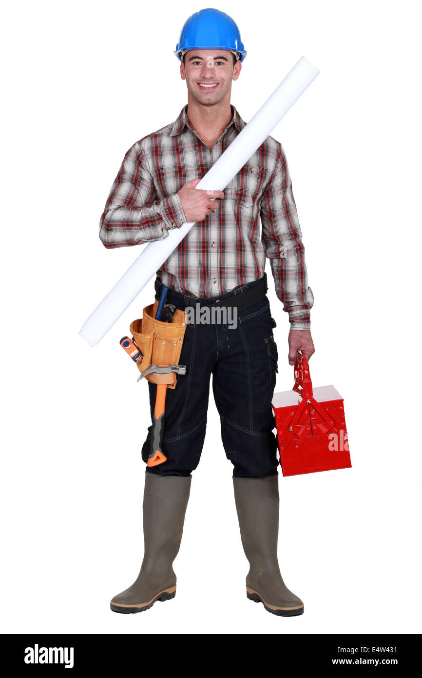 craftsman holding a blueprint and a toolbox Stock Photo - Alamy